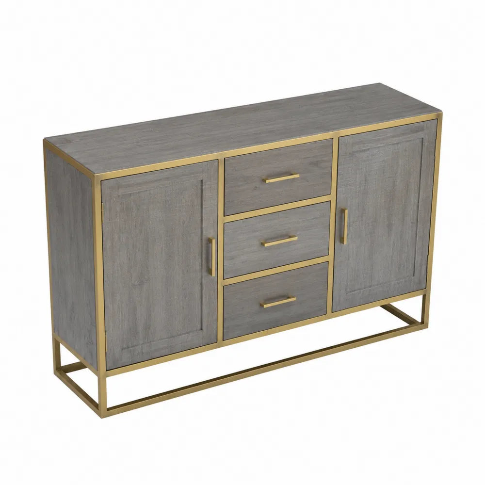 Credenza rettangolare in legno di quercia con struttura in metallo dorato