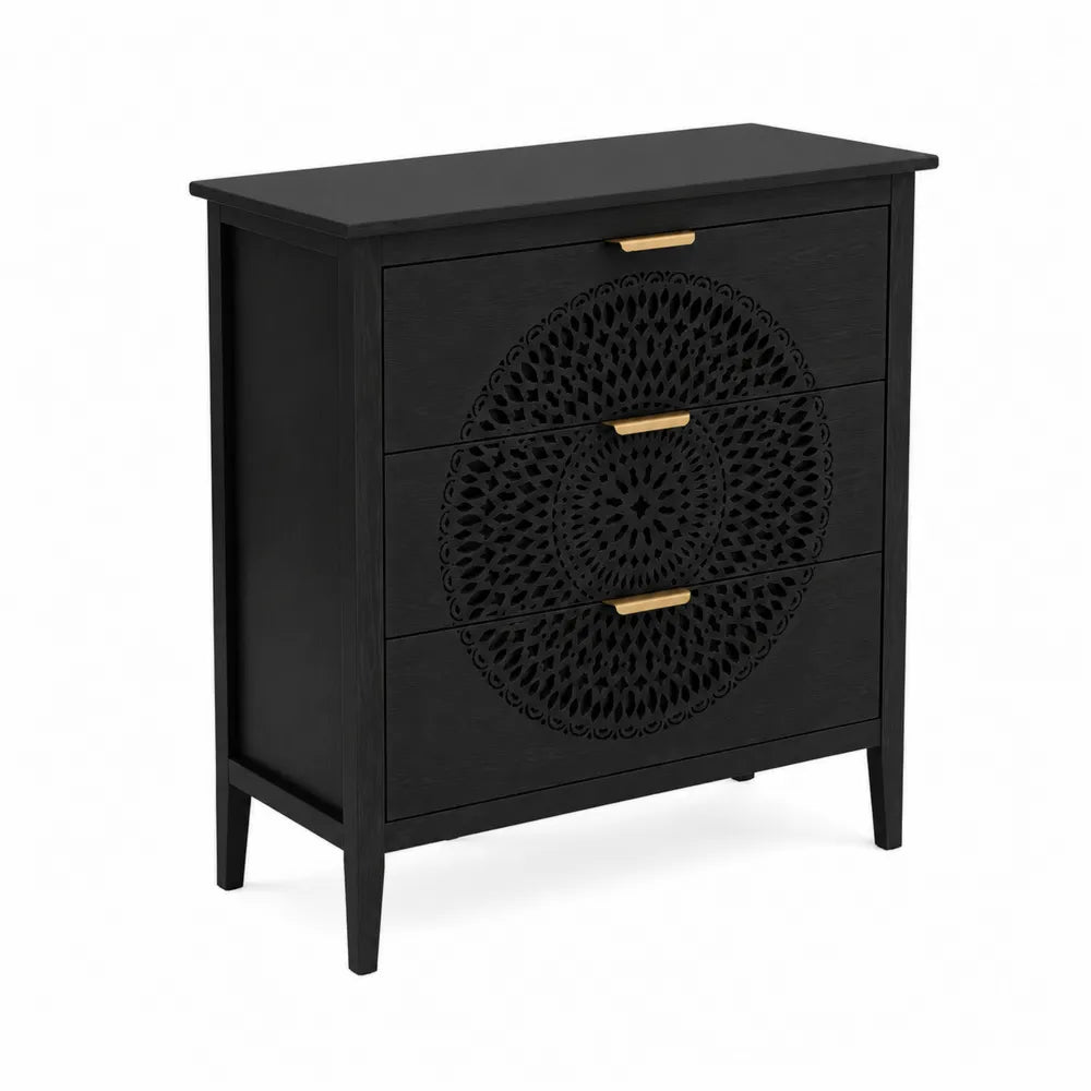 Cassettiera in legno nero con 3 cassetti intagliati