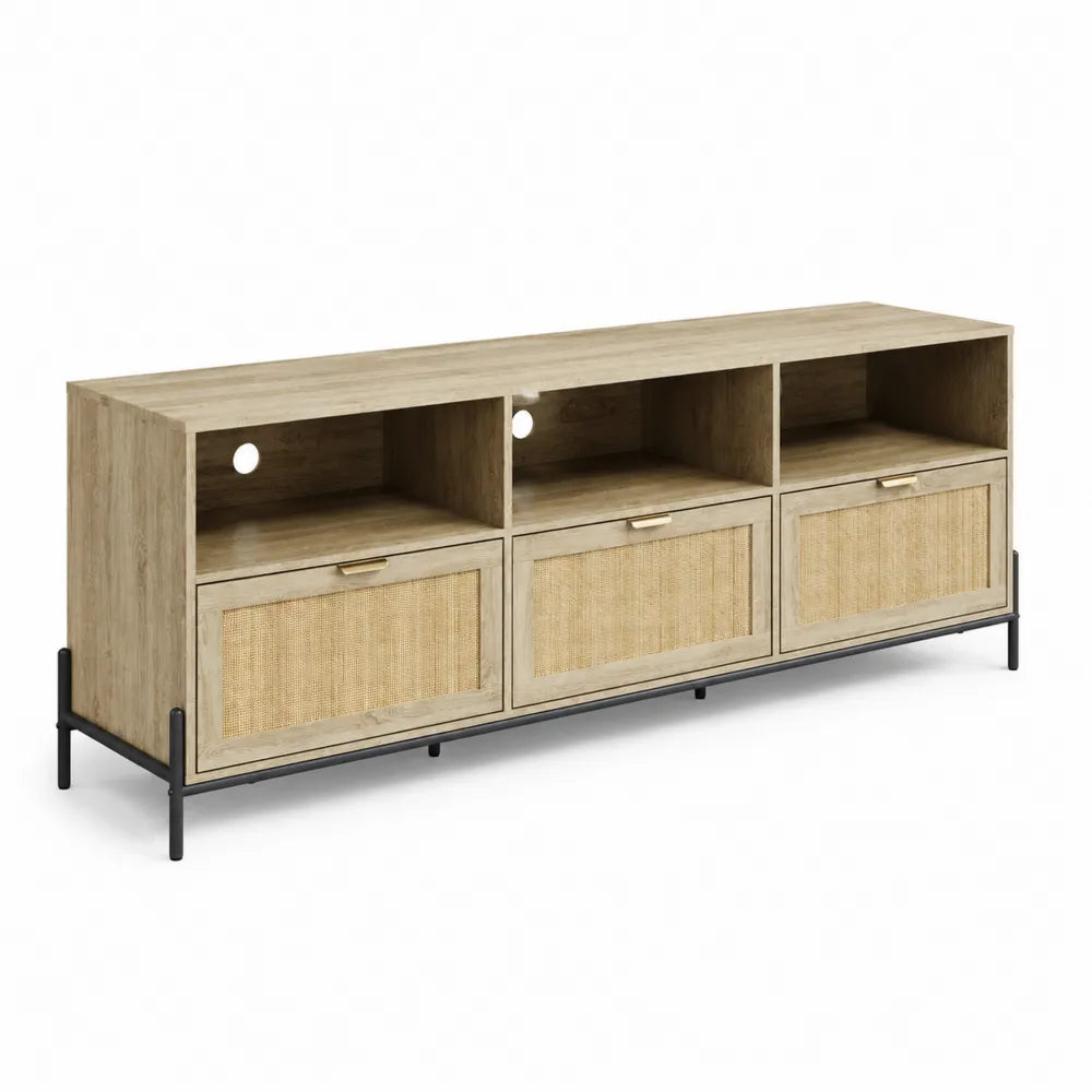 Mobile TV in Legno e Rattan con Struttura in Acciaio 150x40x50 cm