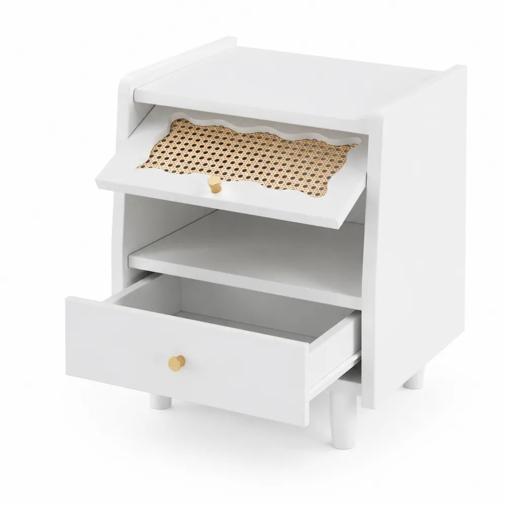 Comodino in Legno con Anta in Rattan e Cassetto Bianco