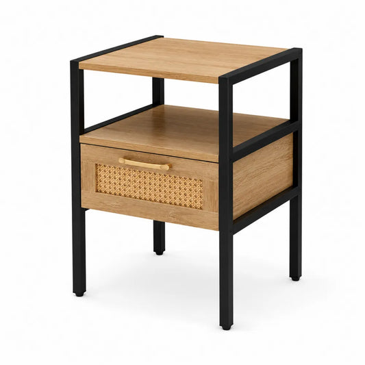 Comodino in Legno di Rovere e Metallo con Cassetto in Rattan